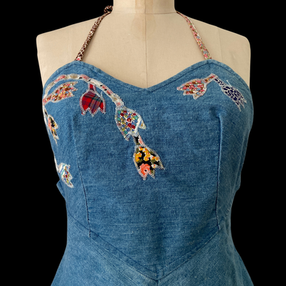 1980s Denim Halter Dress with Appliqué