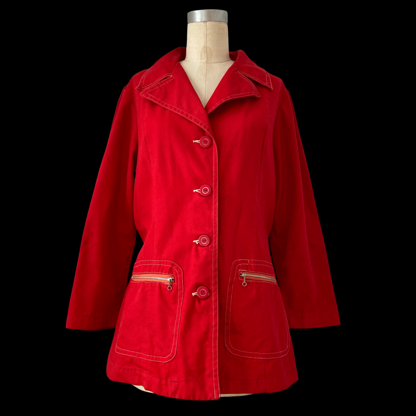 1960s Red Belted Mod Cotton Jacket with O-Ring Zippers
