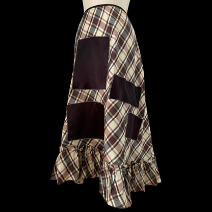 1940s Brown Plaid Rayon Skirt with Patches