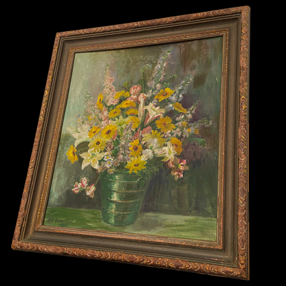 1930s Floral Still Life Painting in Original Chippy Paint Frame