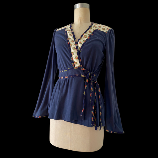 1970s Bell Sleeve Blue Floral Wrap Top