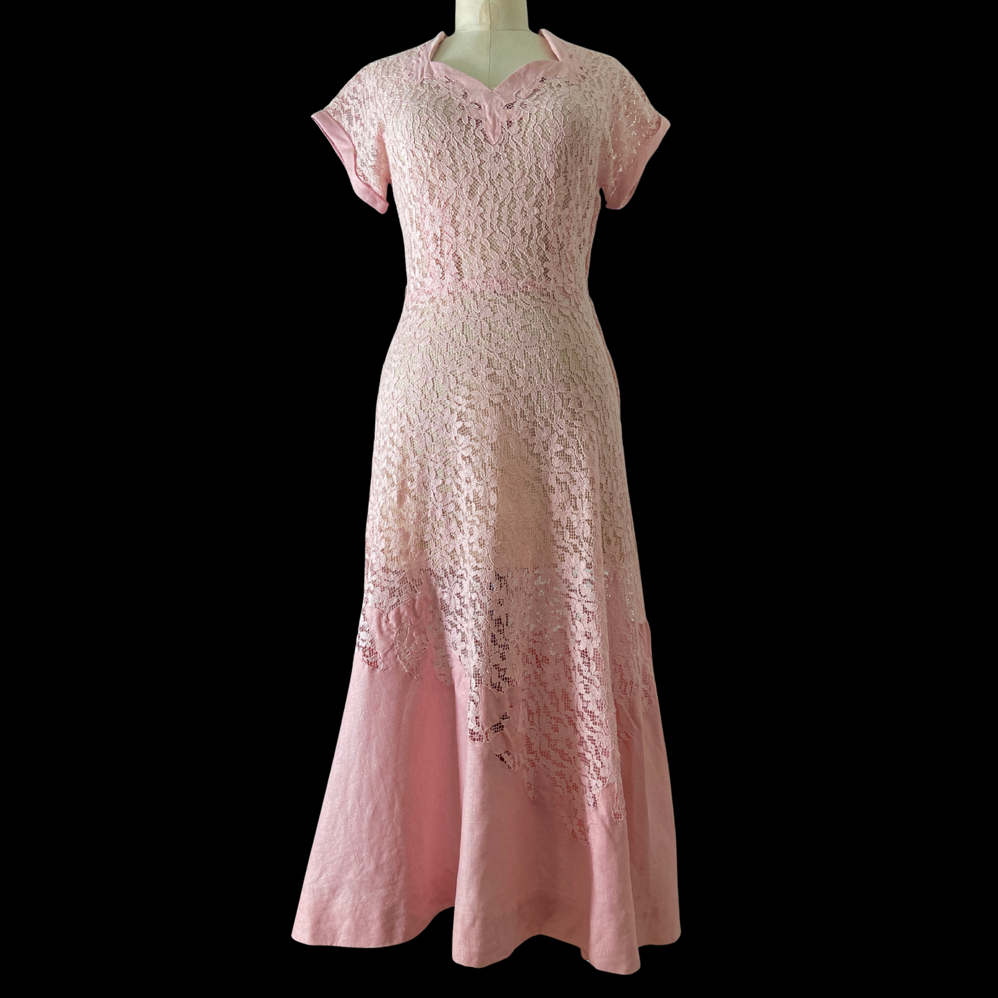 1940s Pink Lace and Linen Dress