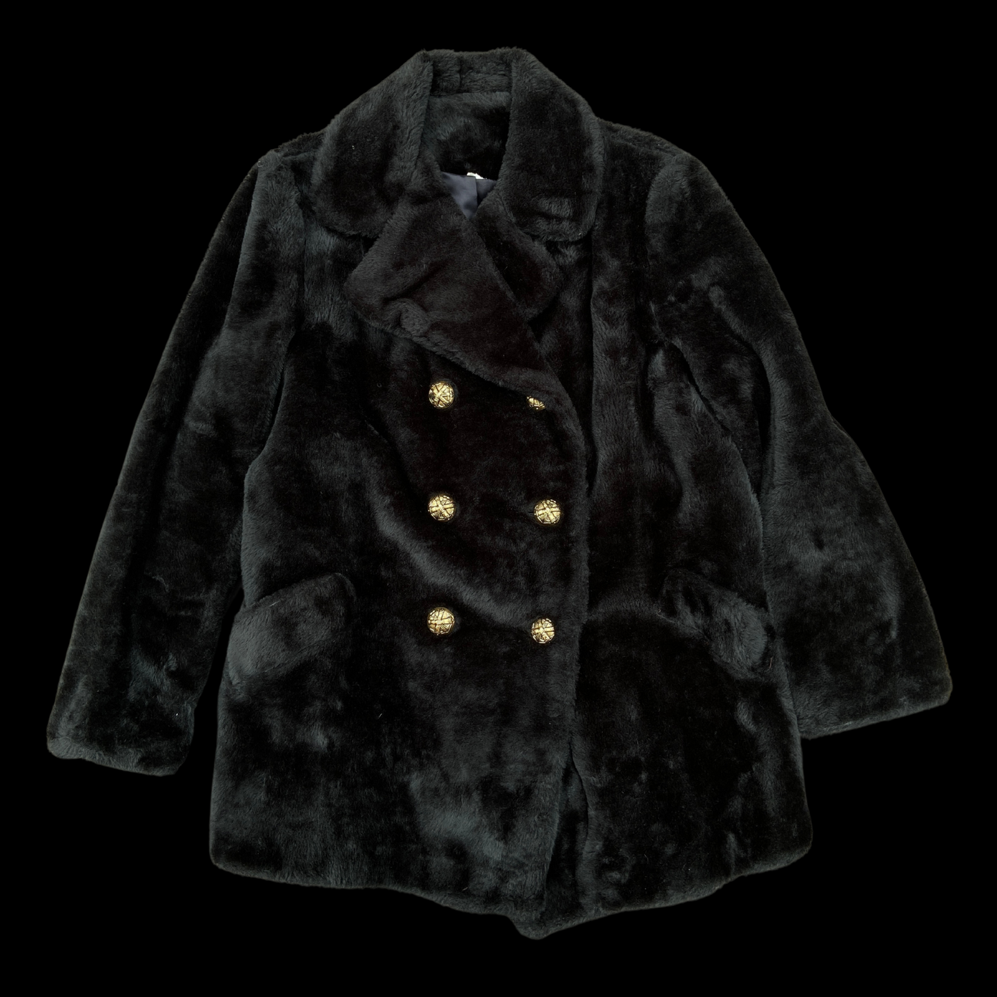 1960s Black Faux Fur Peacoat Gold Buttons Teddy