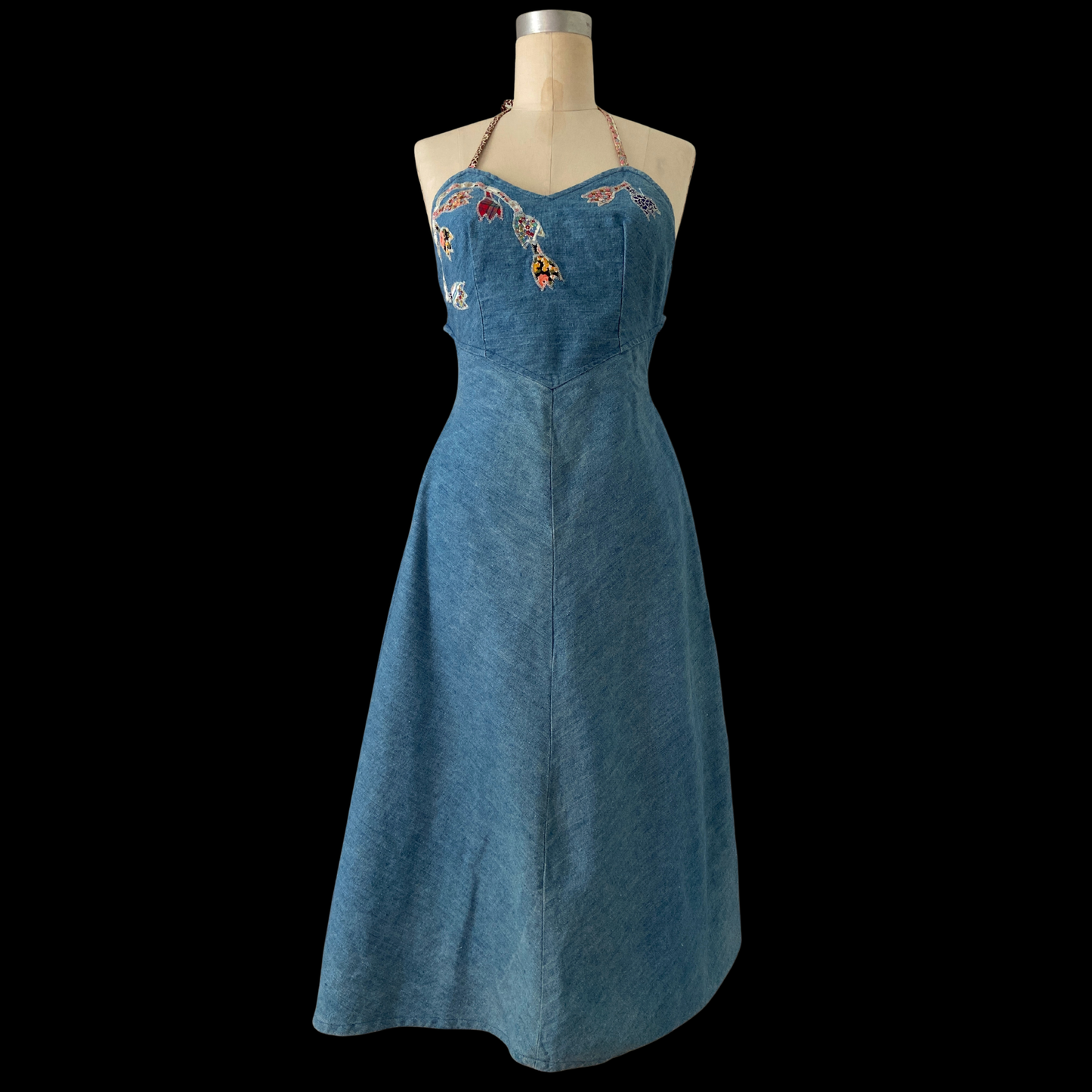 1980s Denim Halter Dress with Appliqué