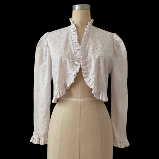1970s White Cotton Eyelet Puff Sleeve Bolero Shrug