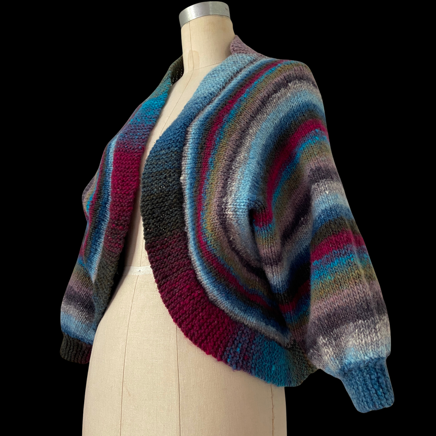 1970s 1980s Hand Knit Striped Wool Shrug Balloon Sleeve