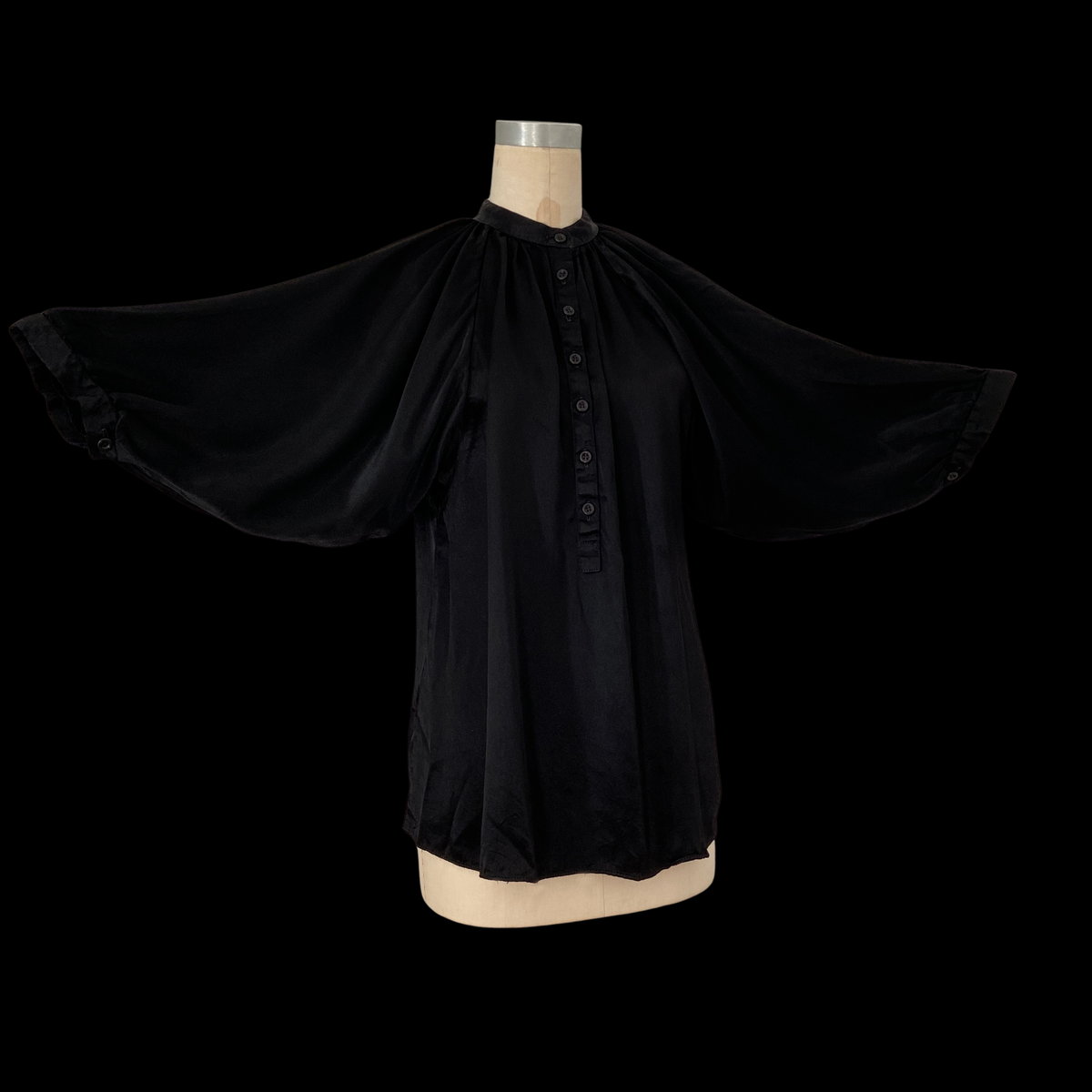 1970s Black Satin Batwing Blouse