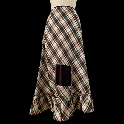 1940s Brown Plaid Rayon Skirt with Patches