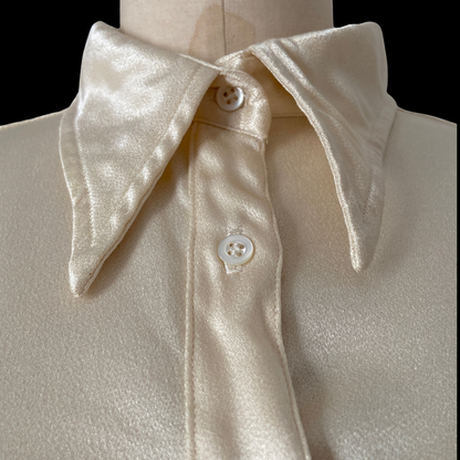 1960s Balloon Sleeve Cream Satin Blouse with Dagger Collar