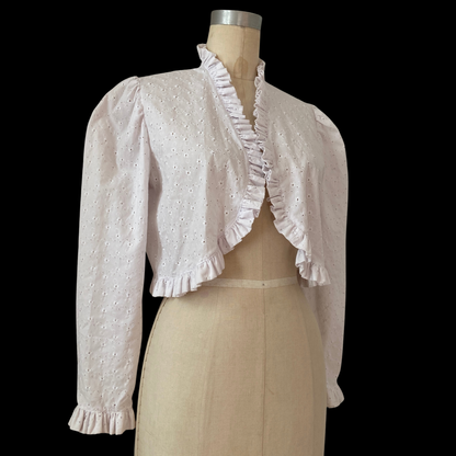 1970s White Cotton Eyelet Puff Sleeve Bolero Shrug