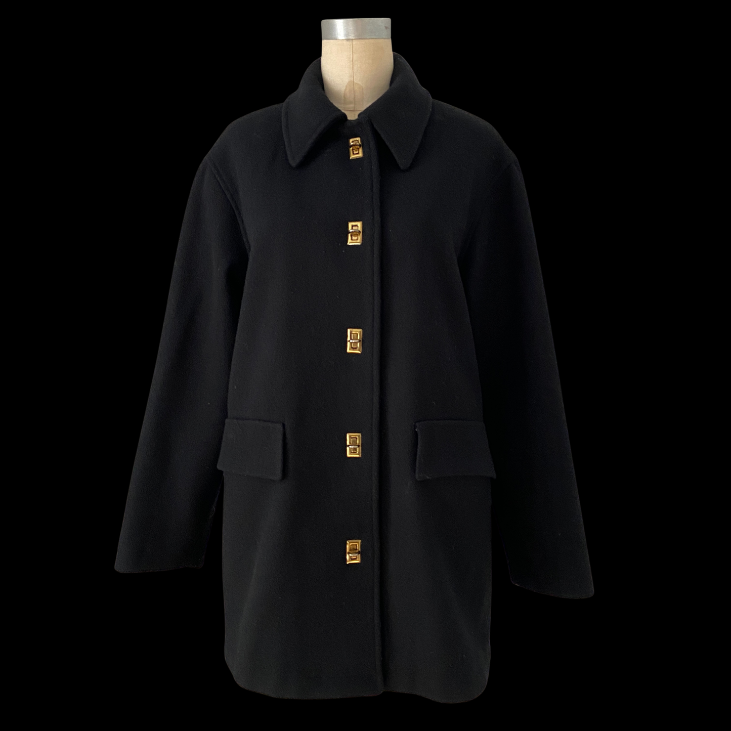 1990s Bonnie Cashin Style Black Wool Coat Turnlock