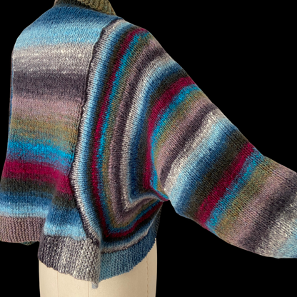 1970s 1980s Hand Knit Striped Wool Shrug Balloon Sleeve