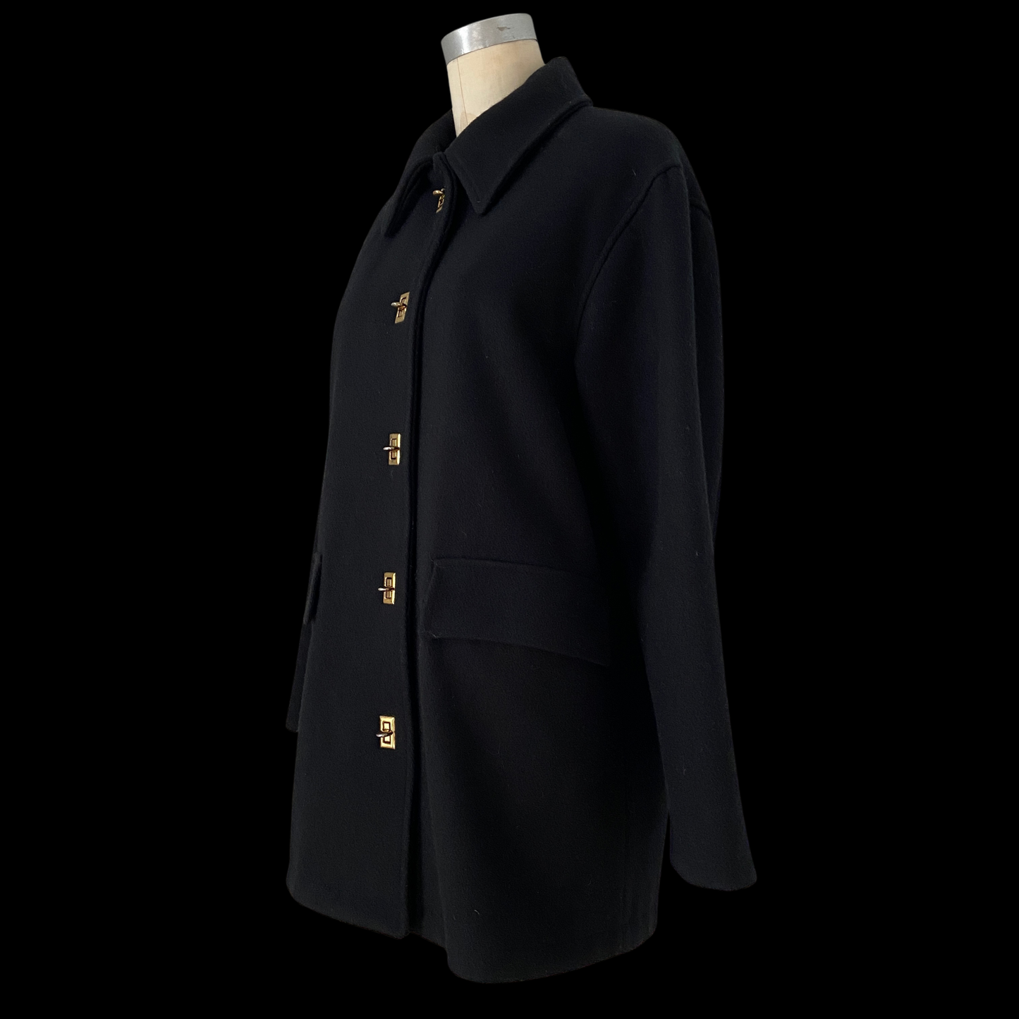 1990s Bonnie Cashin Style Black Wool Coat Turnlock