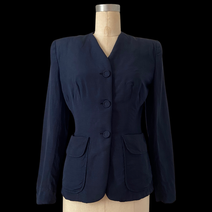 1940s Blue Rayon Fitted Blazer Jacket