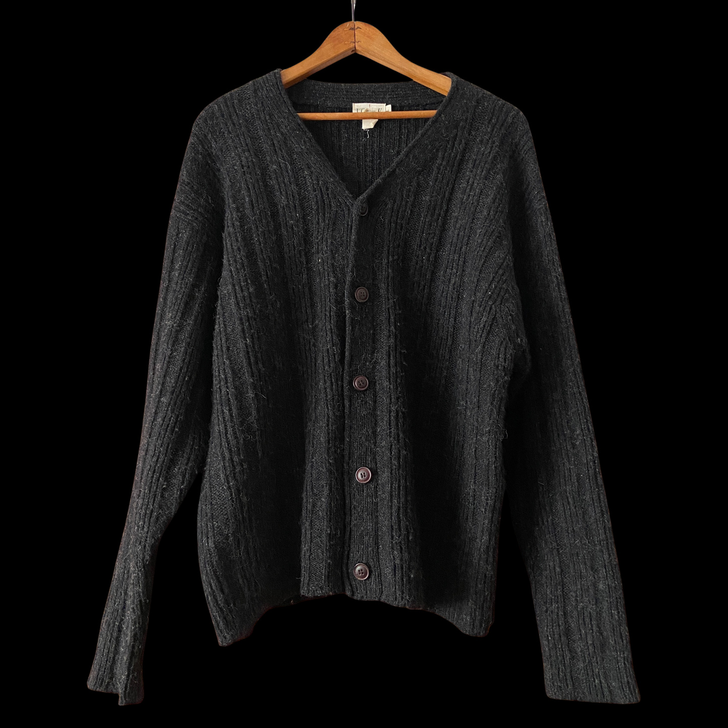 1990s J Crew Shaggy Black Wool Cardigan with Leather Buttons