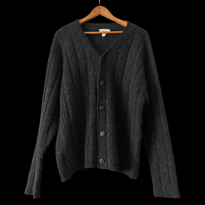1990s J Crew Shaggy Black Wool Cardigan with Leather Buttons