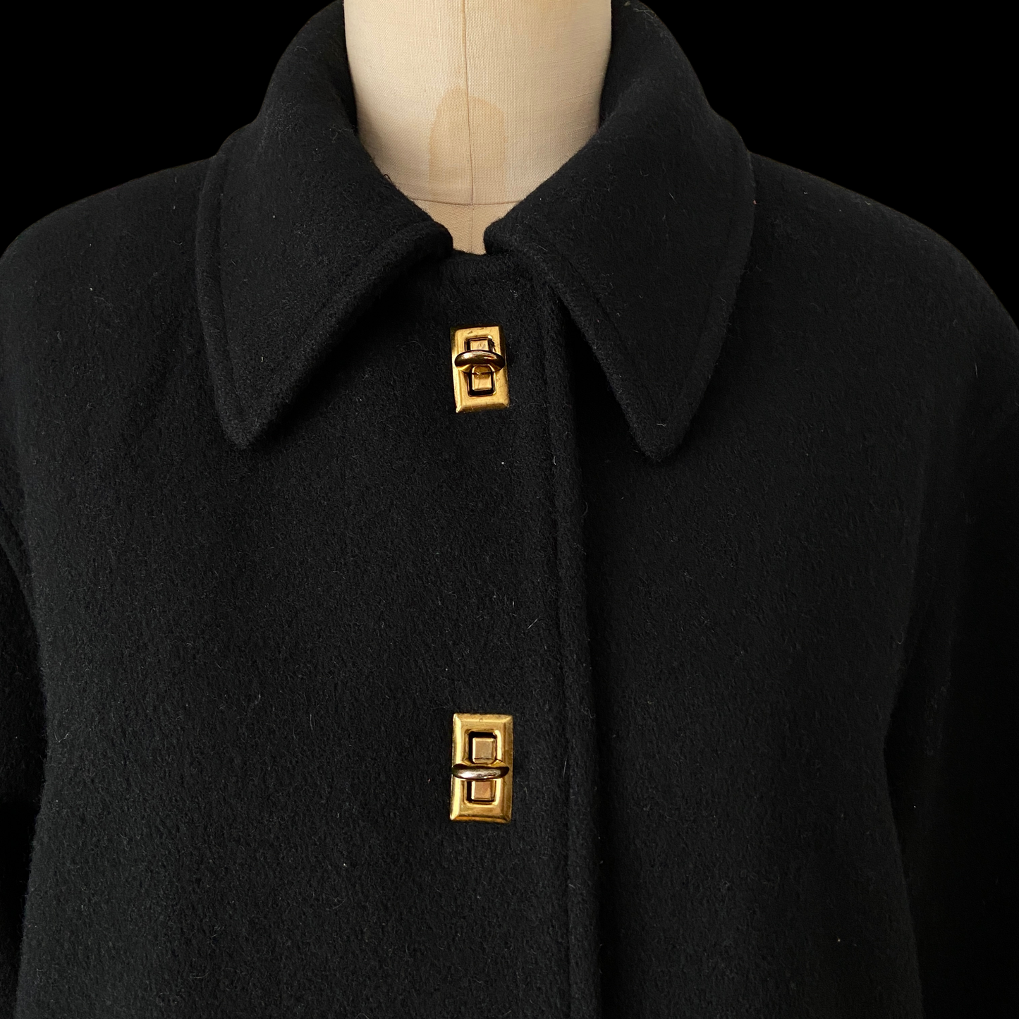 1990s Bonnie Cashin Style Black Wool Coat Turnlock