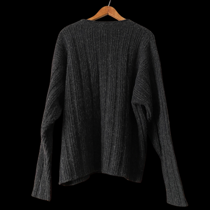 1990s J Crew Shaggy Black Wool Cardigan with Leather Buttons