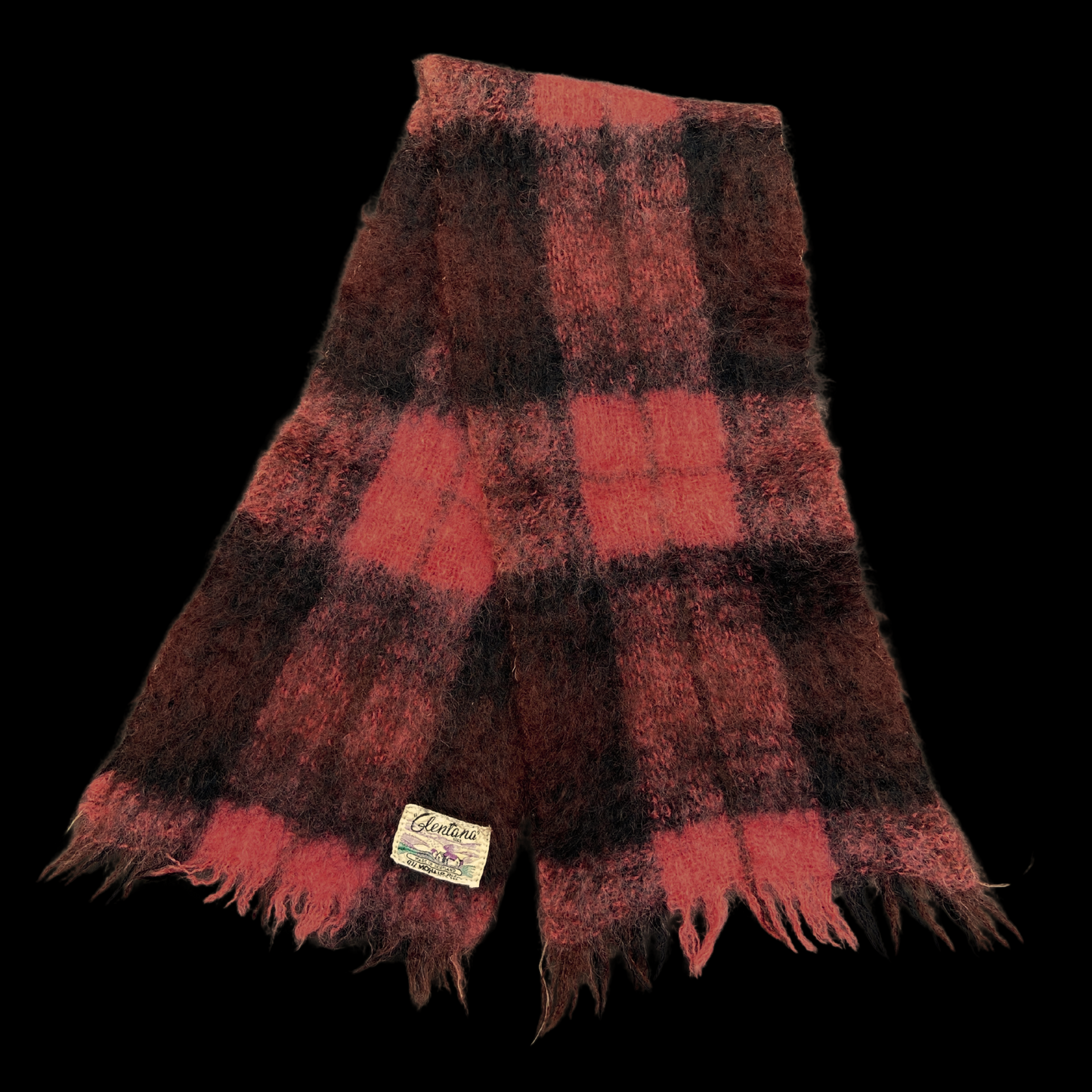 1940s Salmon Pink Plaid Mohair Scarf