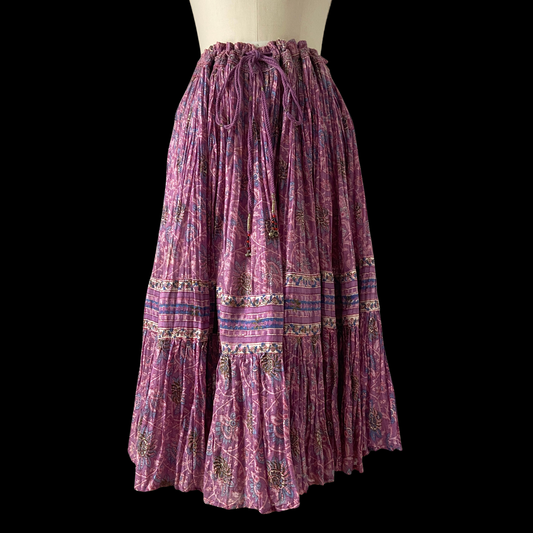 1970s Purple Indian Cotton Block Print Midi Skirt