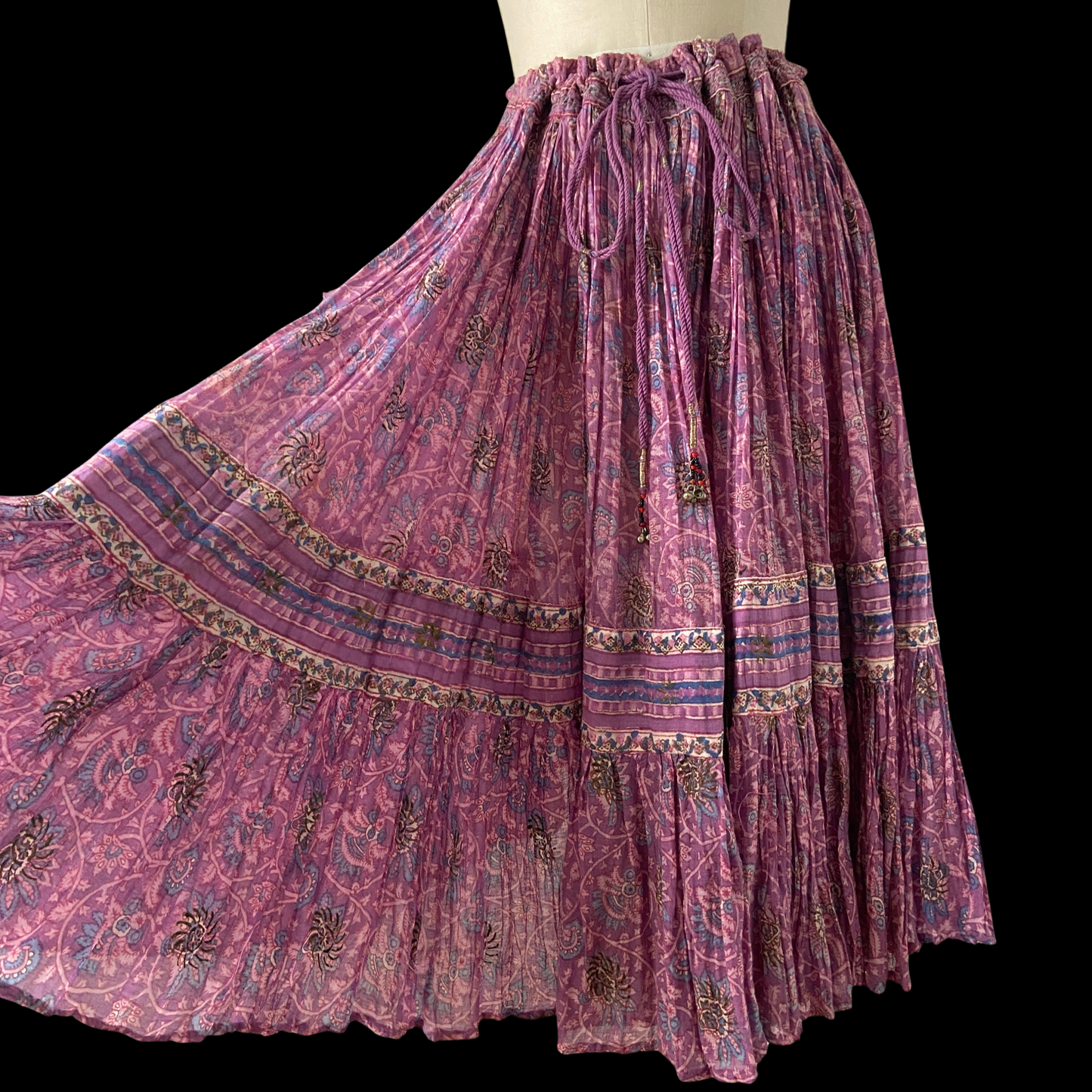 1970s Purple Indian Cotton Block Print Midi Skirt