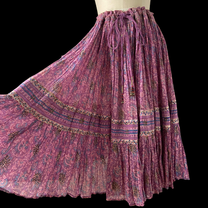1970s Purple Indian Cotton Block Print Midi Skirt