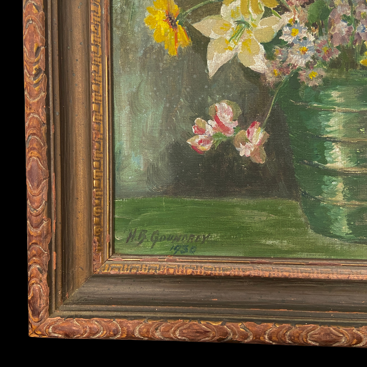 1930s Floral Still Life Painting in Original Chippy Paint Frame