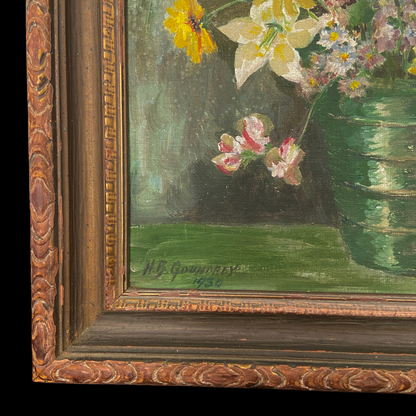 1930s Floral Still Life Painting in Original Chippy Paint Frame