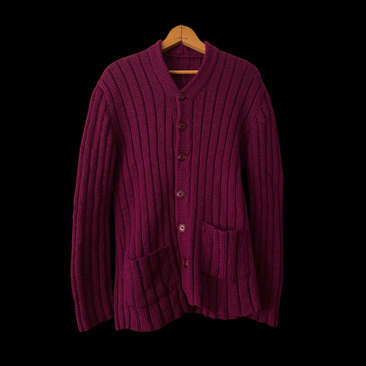 1930s Burgundy Hand Knit Wool Cardigan
