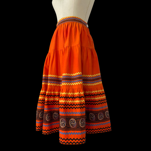 1940s Orange Cotton Skirt Ric Rac Chain Stitch Print