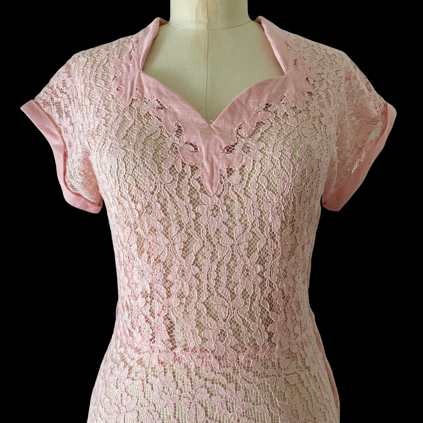 1940s Pink Lace and Linen Dress
