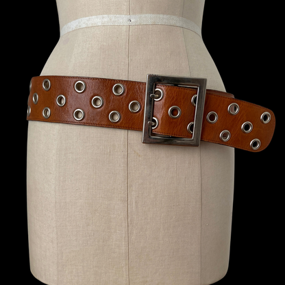 1990s Brown Leather Grommet Belt Custom Made