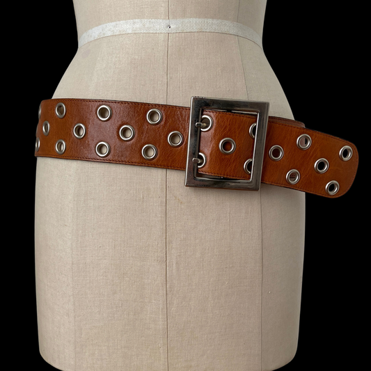 1990s Brown Leather Grommet Belt Custom Made
