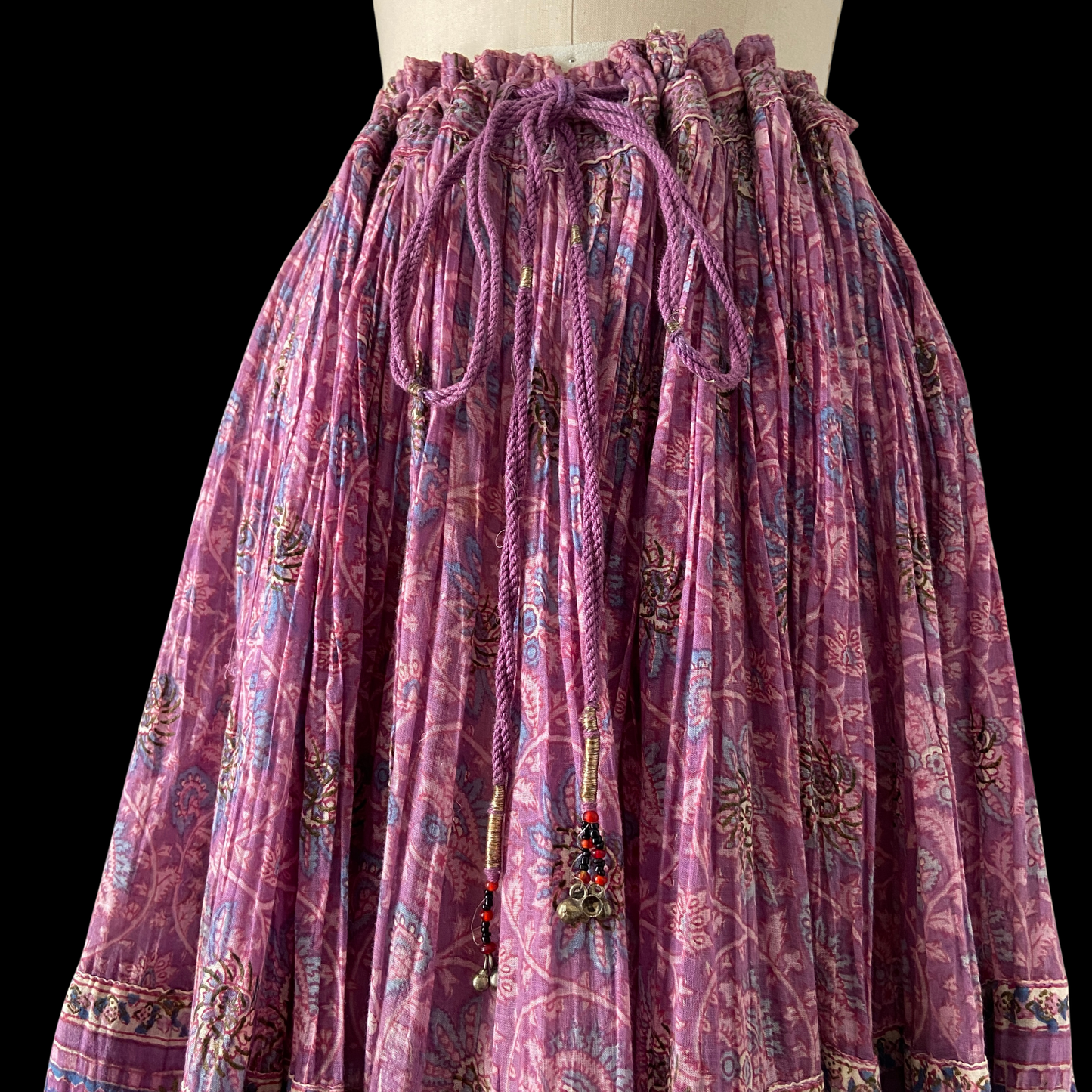 1970s Purple Indian Cotton Block Print Midi Skirt