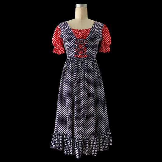 1960s 1970s Floral Prairie Dress Puff Sleeve