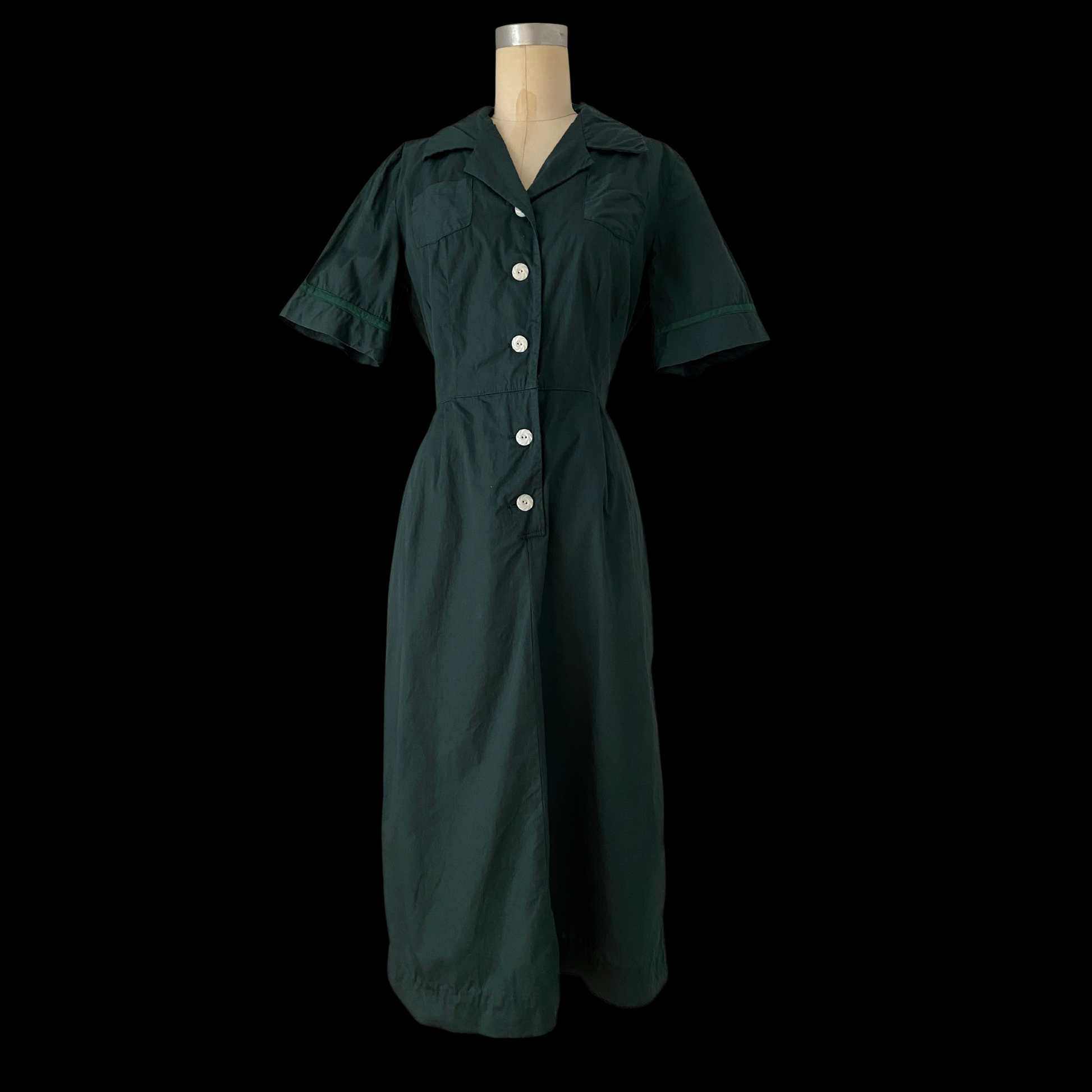 1940s Green Cotton Dress with Pockets 1940s Green Cotton Dress with Pockets