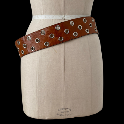 1990s Brown Leather Grommet Belt Custom Made