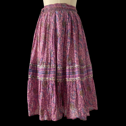 1970s Purple Indian Cotton Block Print Midi Skirt