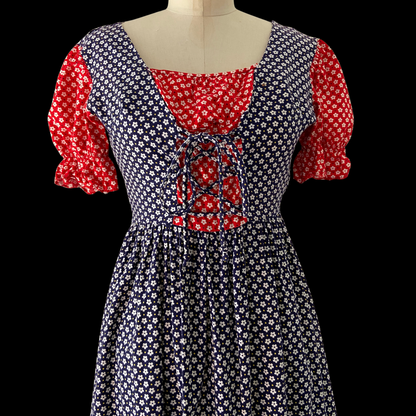 1960s 1970s Floral Prairie Dress Puff Sleeve