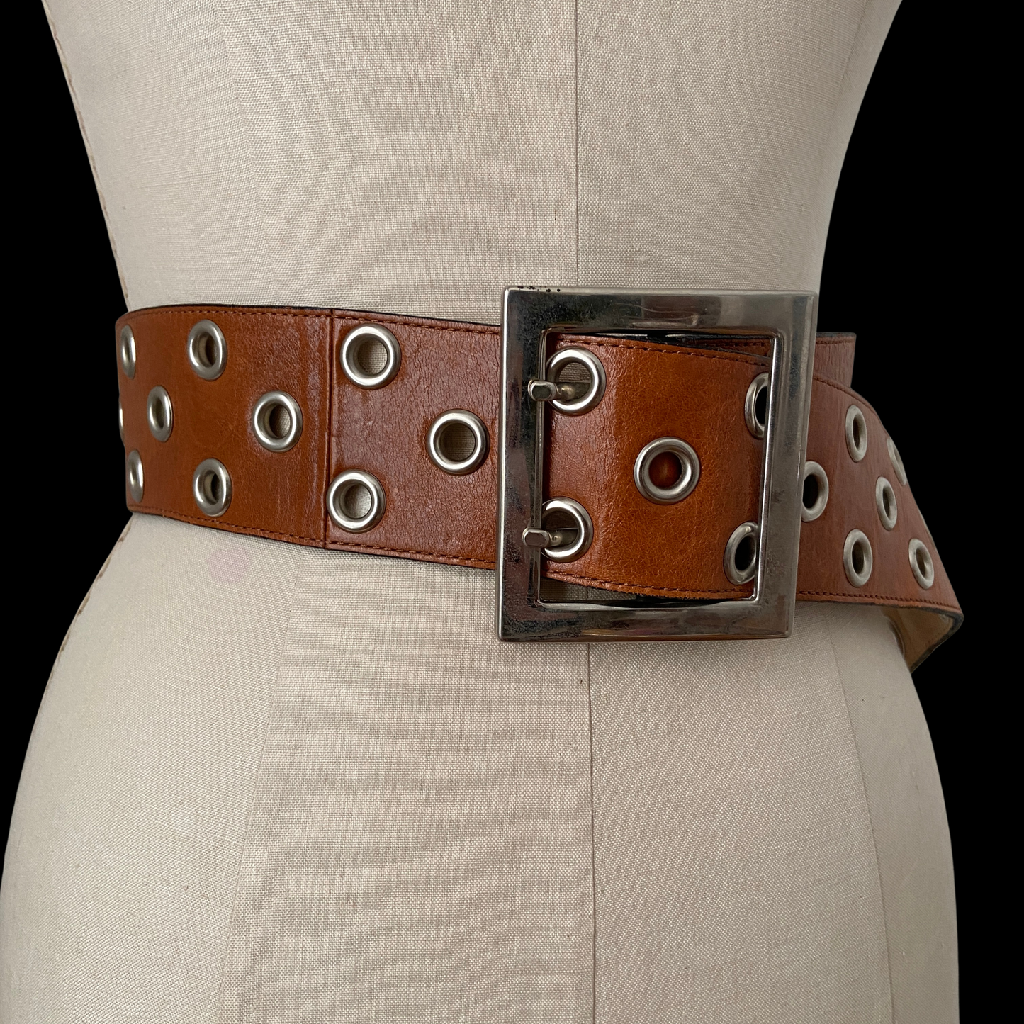 1990s Brown Leather Grommet Belt Custom Made
