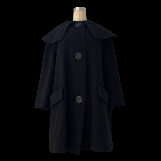 1950s Black Wool Coat with Oversized Collar