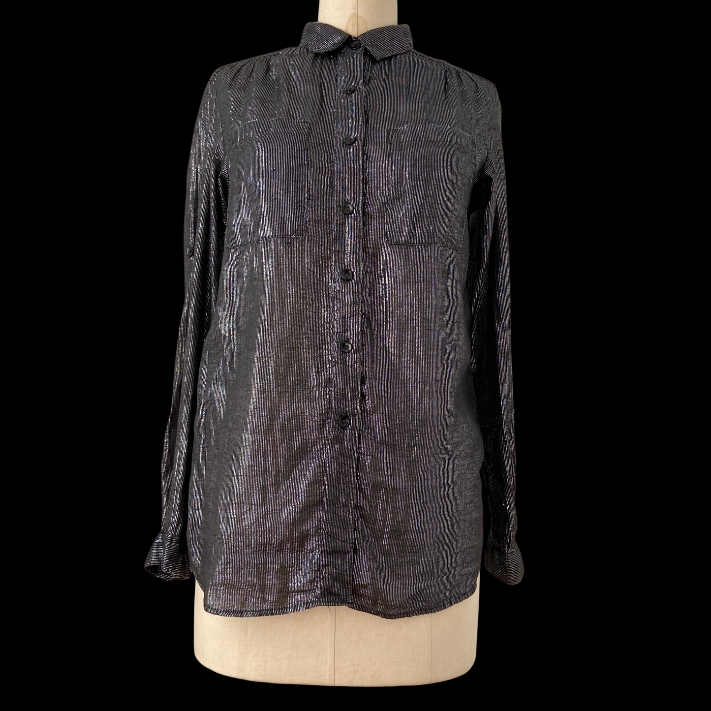 1970s Black Indian Cotton and Lurex Shirt