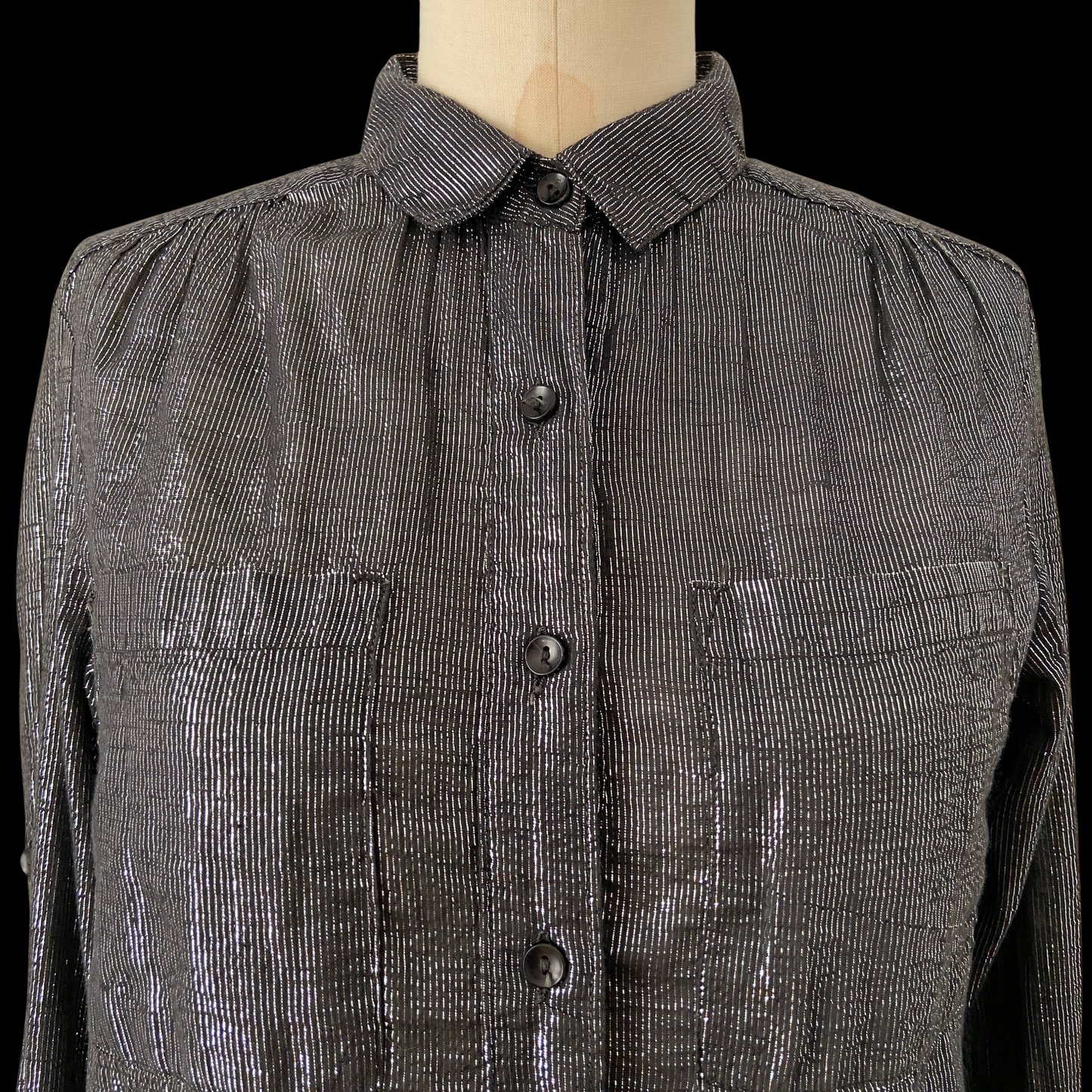 1970s Black Indian Cotton and Lurex Shirt