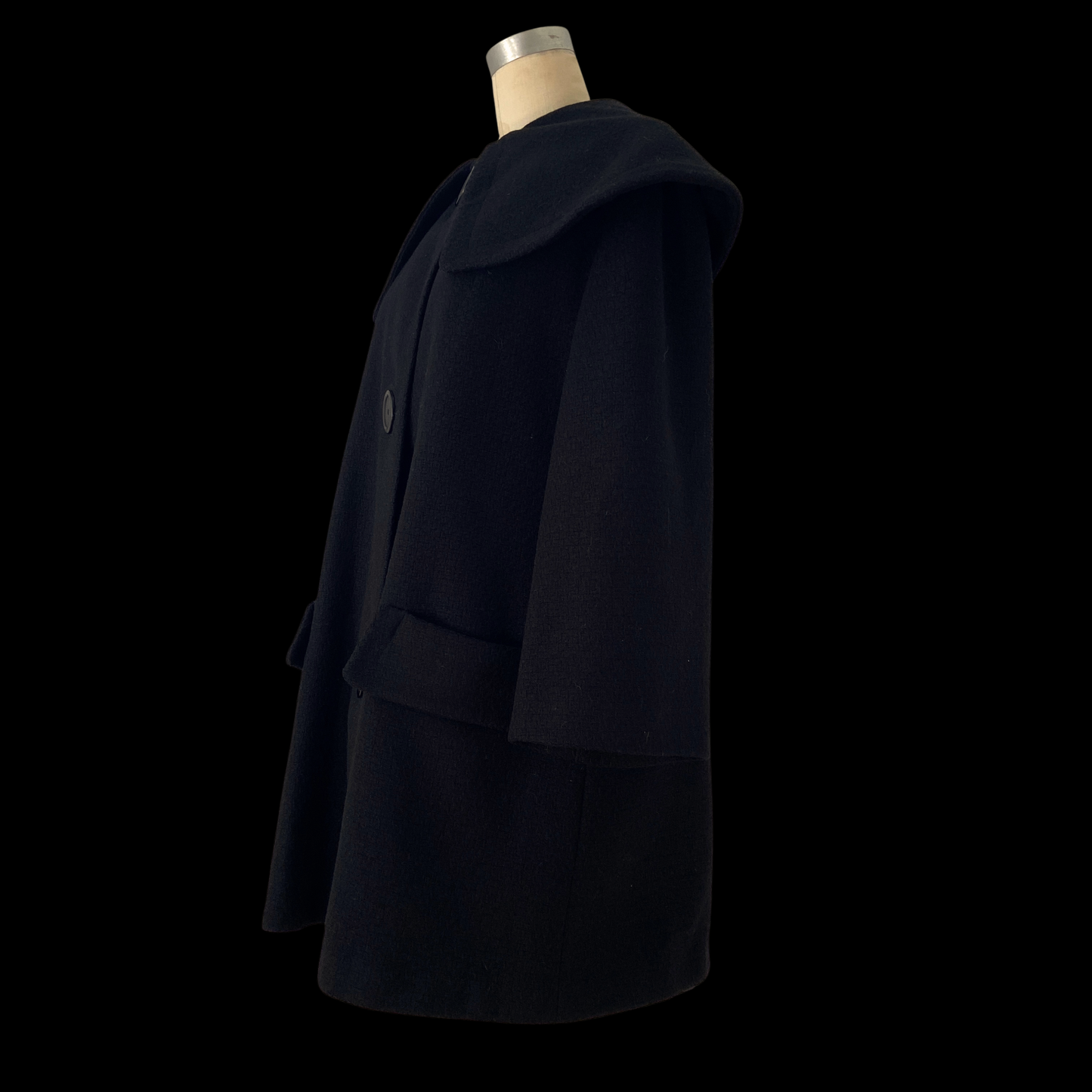 1950s Black Wool Coat with Oversized Collar