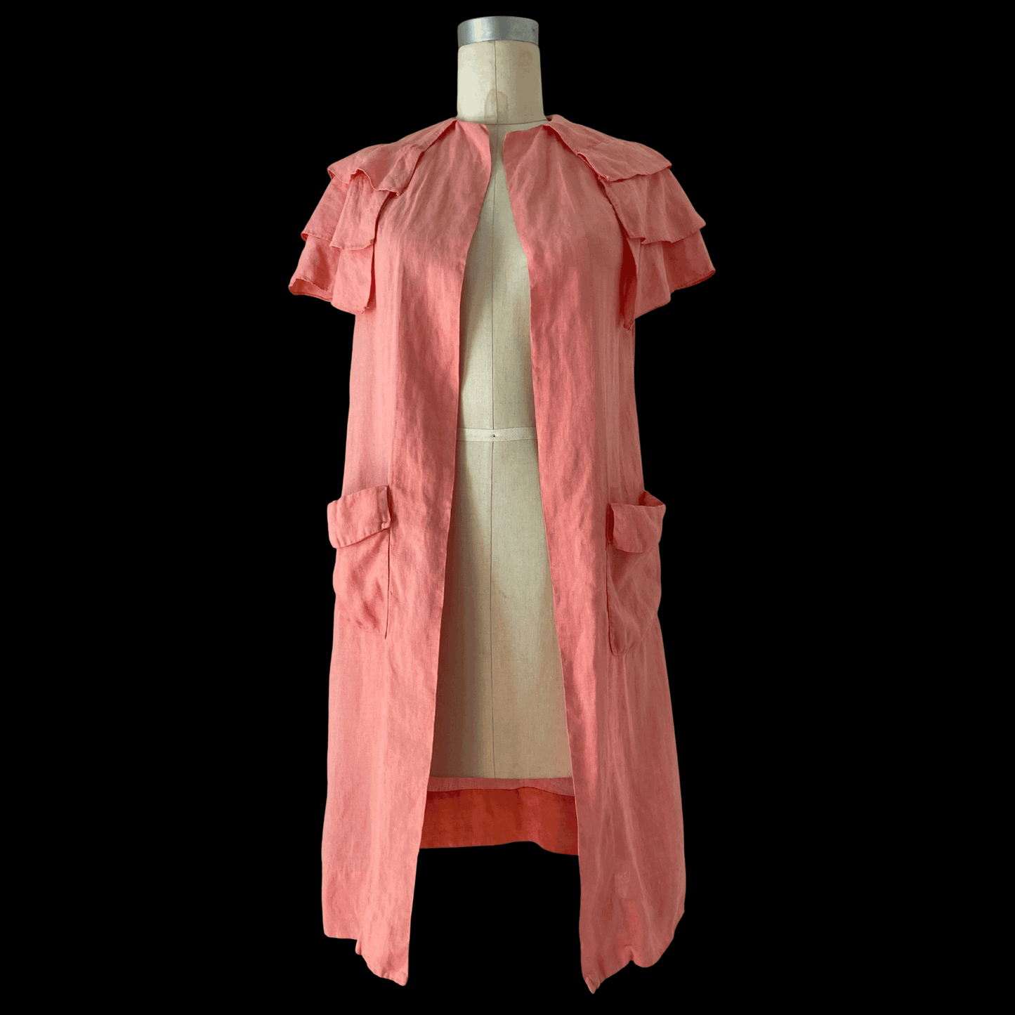 1920s Pink Linen Duster with Ruffle Collar