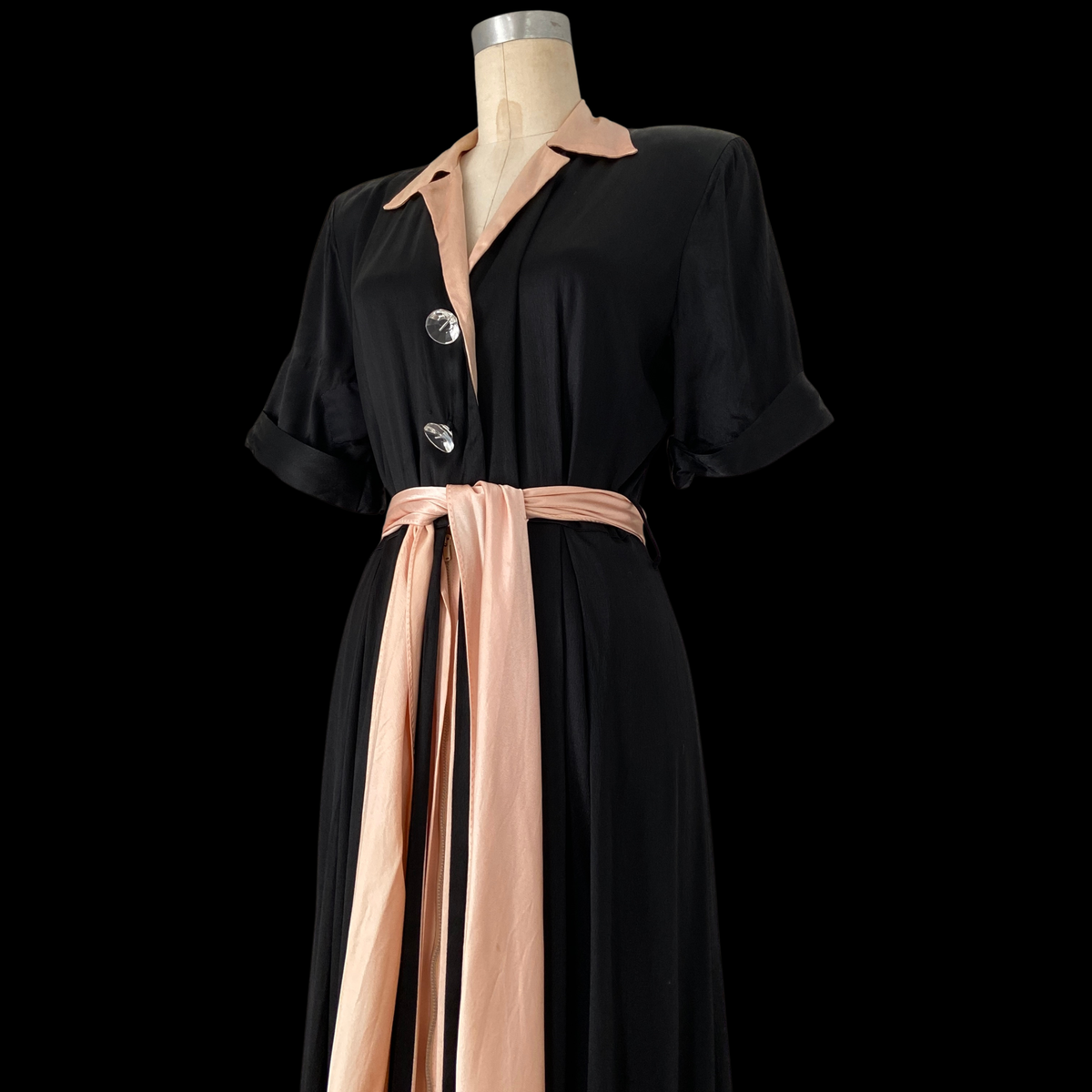 1940s Pink & Black Satin Rayon Dressing Gown