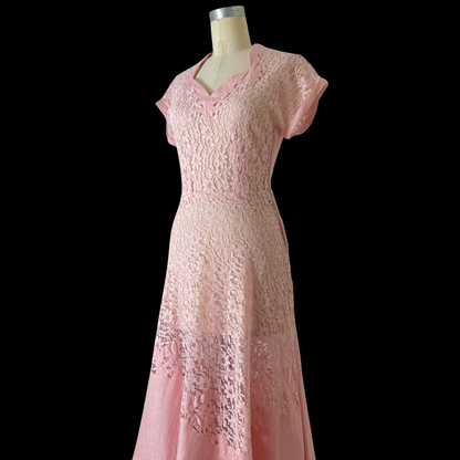 1940s Pink Lace and Linen Dress