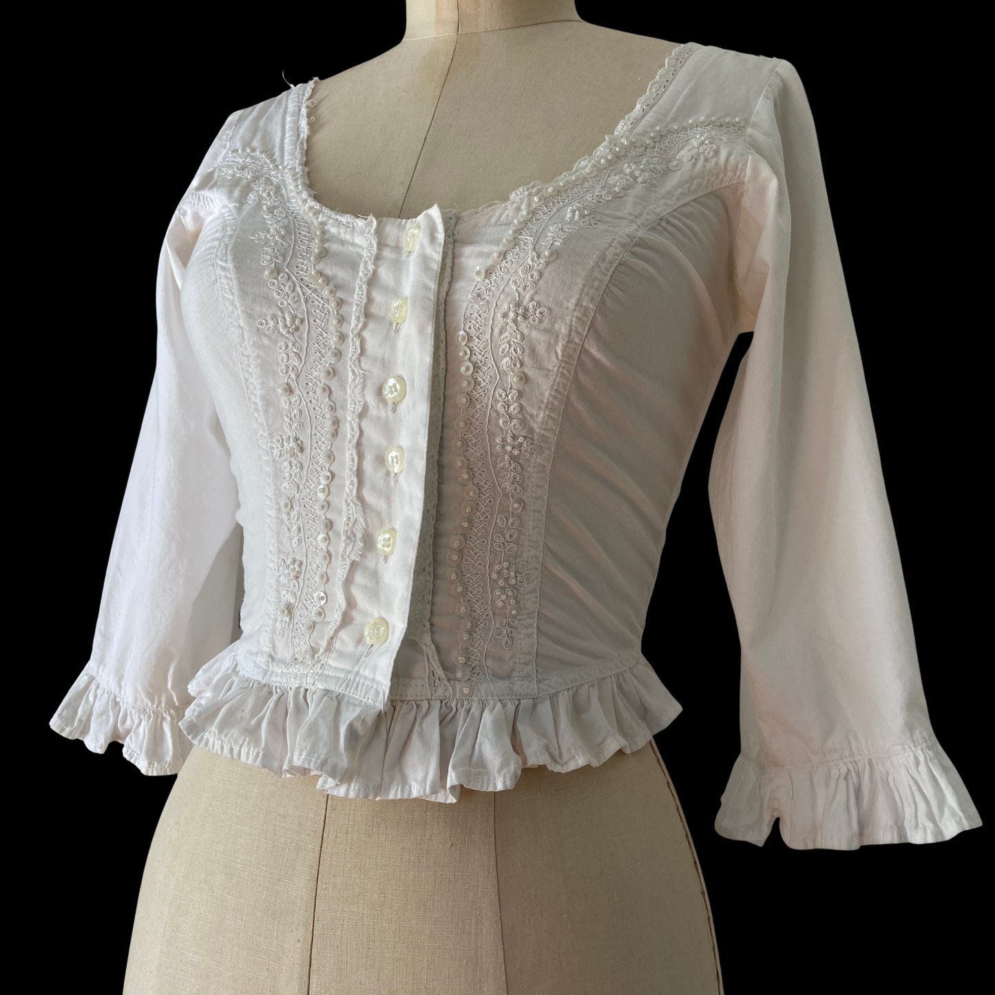1980s White Cotton Embroidered Corset Top