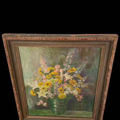 1930s Floral Still Life Painting in Original Chippy Paint Frame