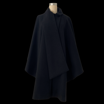 1990s Black Wool Cape with Velvet Scarf